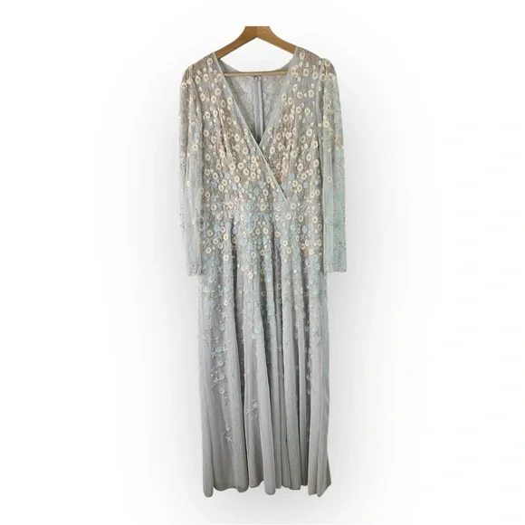 Mac Duggal size 16 Embellished Wrap Over Illusion Long Sleeve A Line Gown Gray - Picture 4 of 16